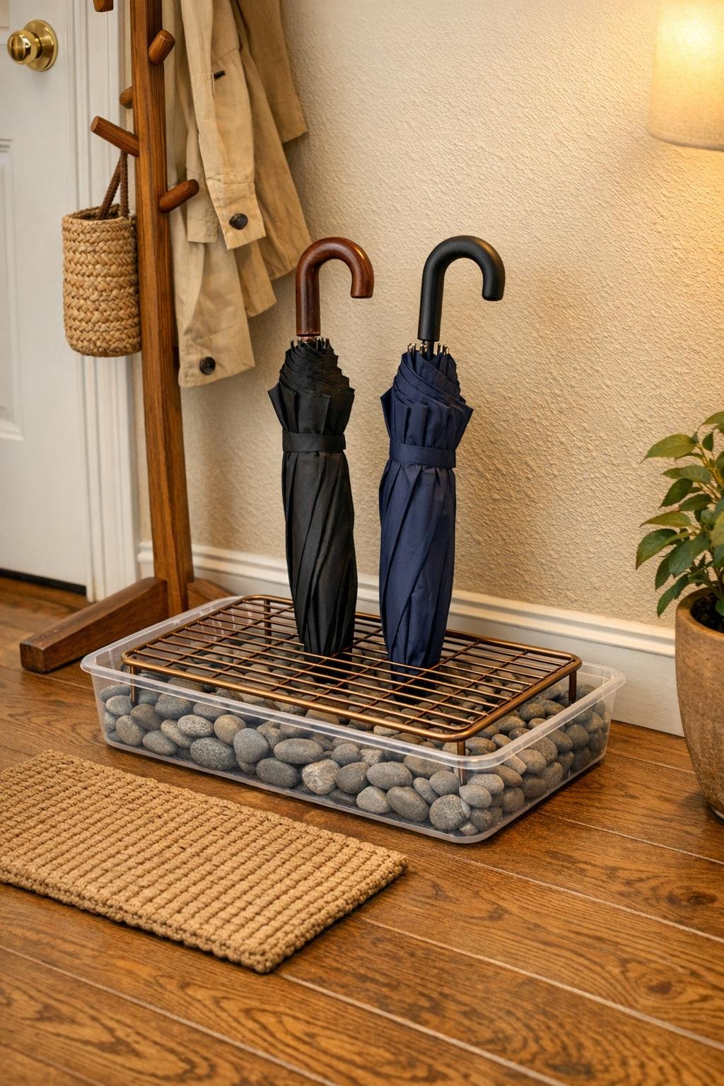 Finished umbrella drip tray in a hallway