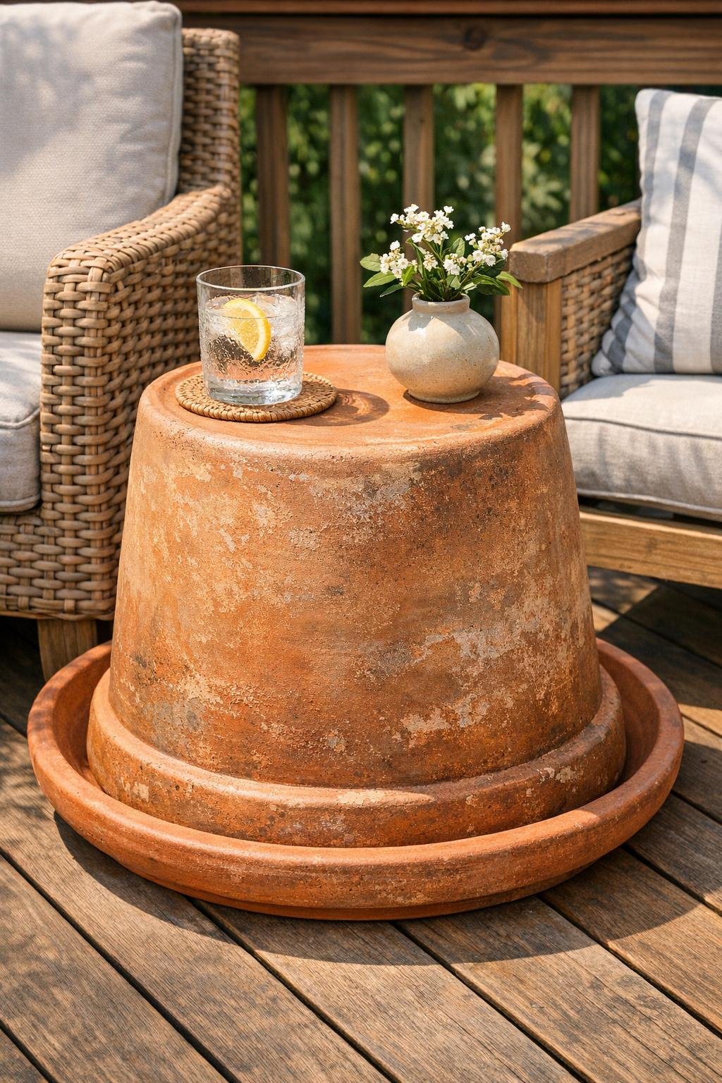 Finished terracotta patio side table made from an upside-down pot and saucer