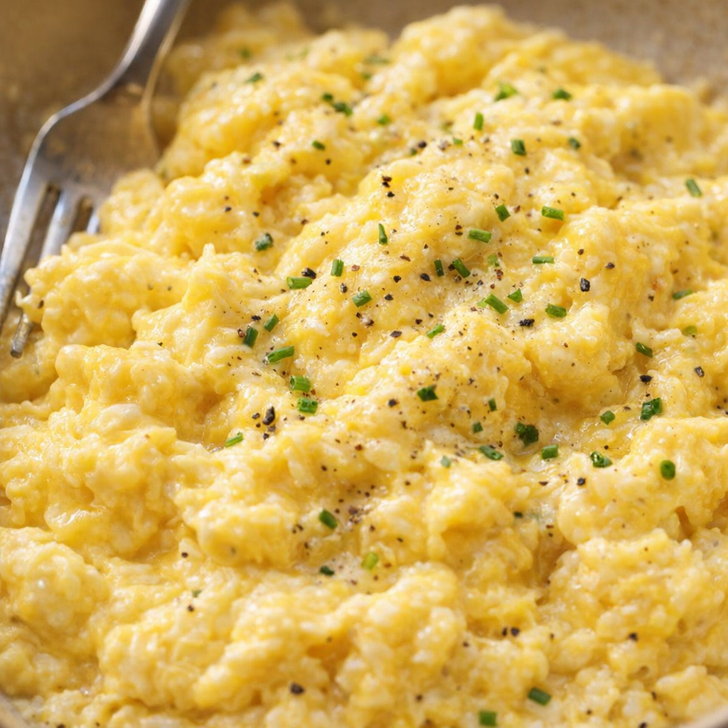 Close-up of creamy scrambled eggs showing soft curds and texture
