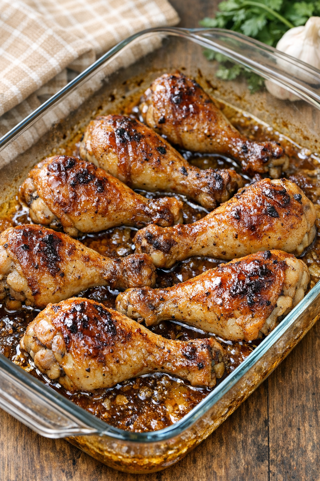 Baked chicken drumsticks browned in casserole dish