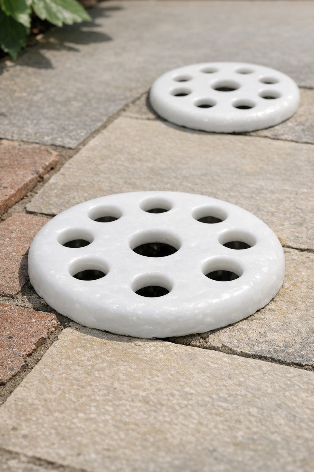 Finished DIY shatterproof drain grates made from melted plastic wiffle balls