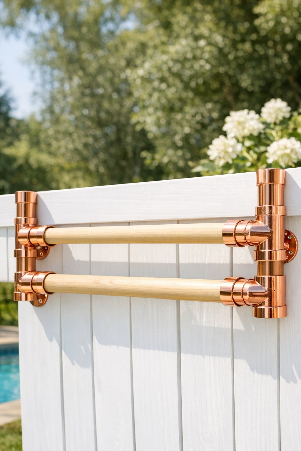Finished outdoor towel rack mounted on a white fence