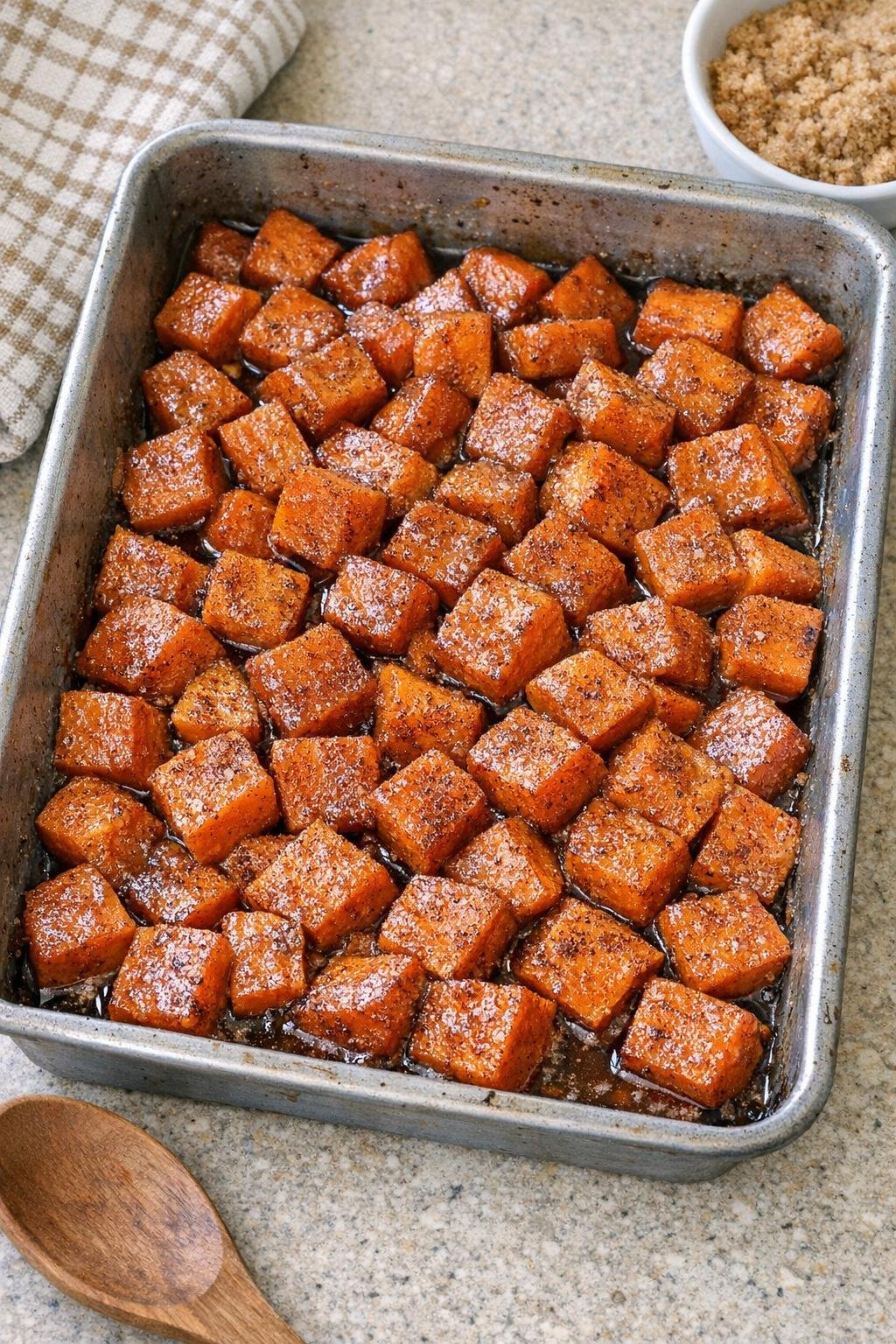 Finished baked sweet potato dessert in a metal pan