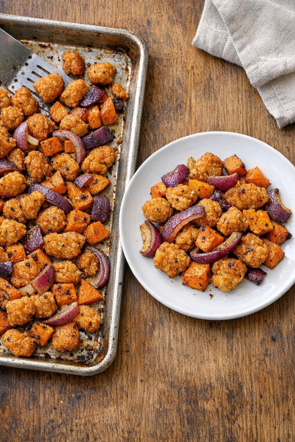 Finished sheet pan popcorn chicken dinner