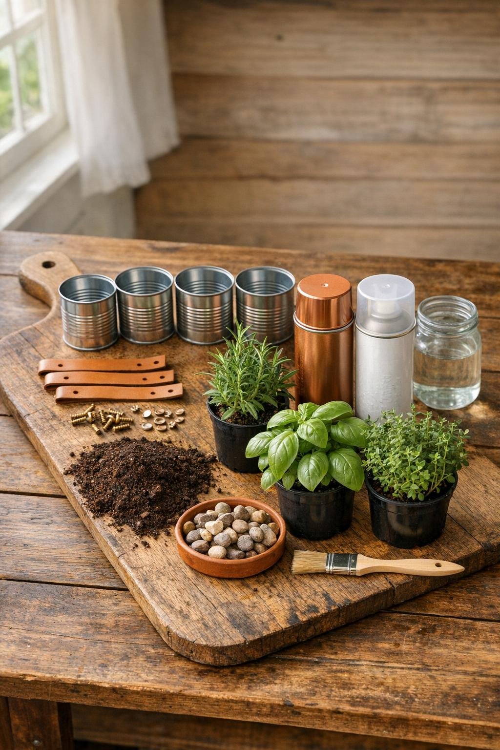 Materials for a bread board herb planter laid out neatly