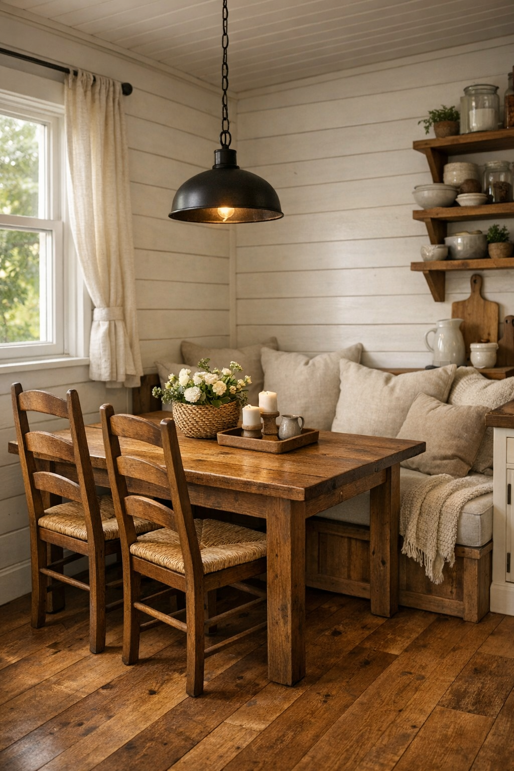 Small handcrafted dining area with a wood table, ladder-back chairs, and warm farmhouse details