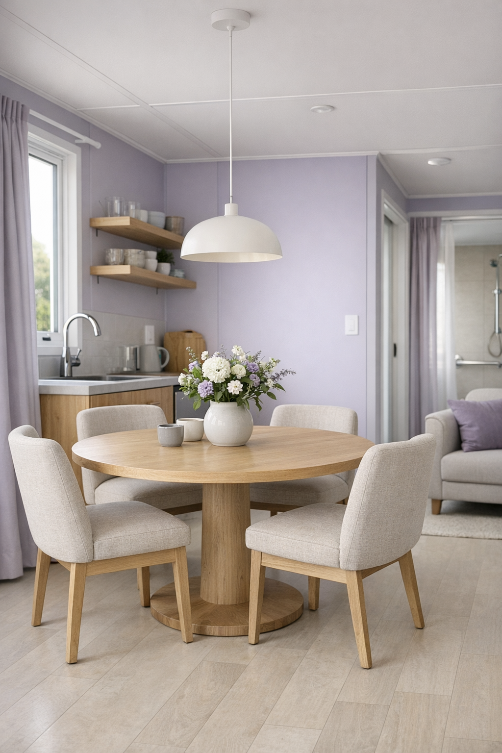 Open dining area with a round wood table, upholstered chairs, and soft modern lighting