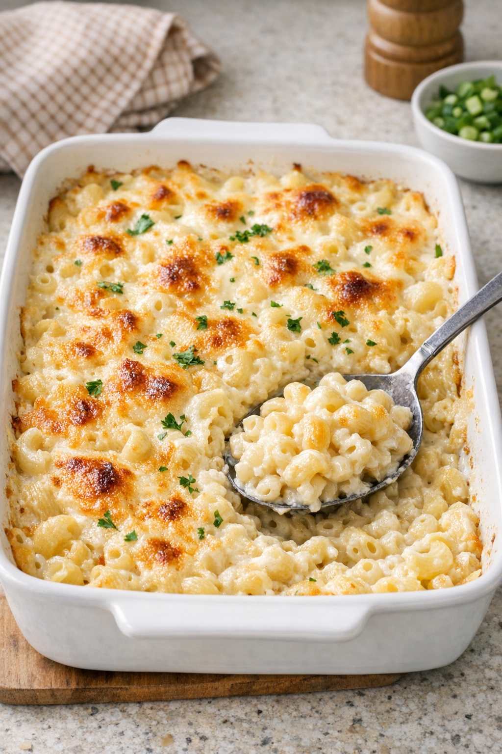 Finished baked queso blanco macaroni in a casserole dish