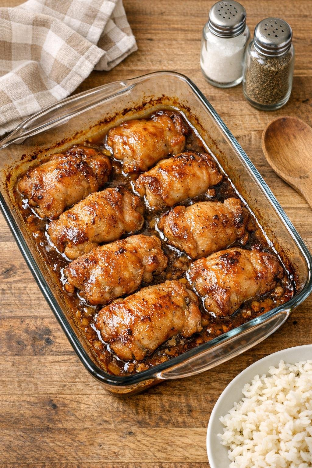 Finished baked chicken thighs in a glass casserole dish