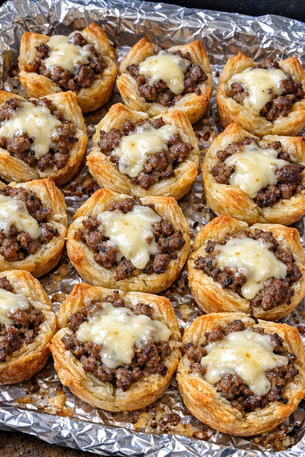 Oven baked beef and brie bites on a foil-lined baking sheet