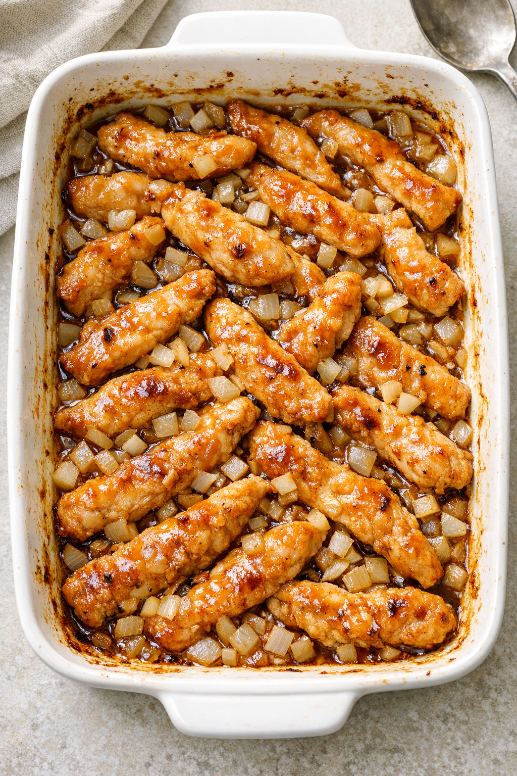 Finished baked chicken strips in a ceramic baking dish
