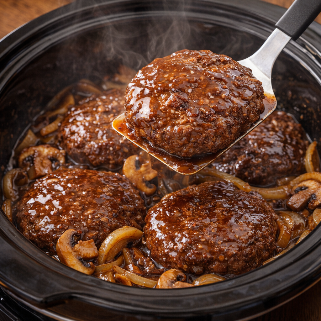 Cooked burger patties with onions and mushrooms in the slow cooker