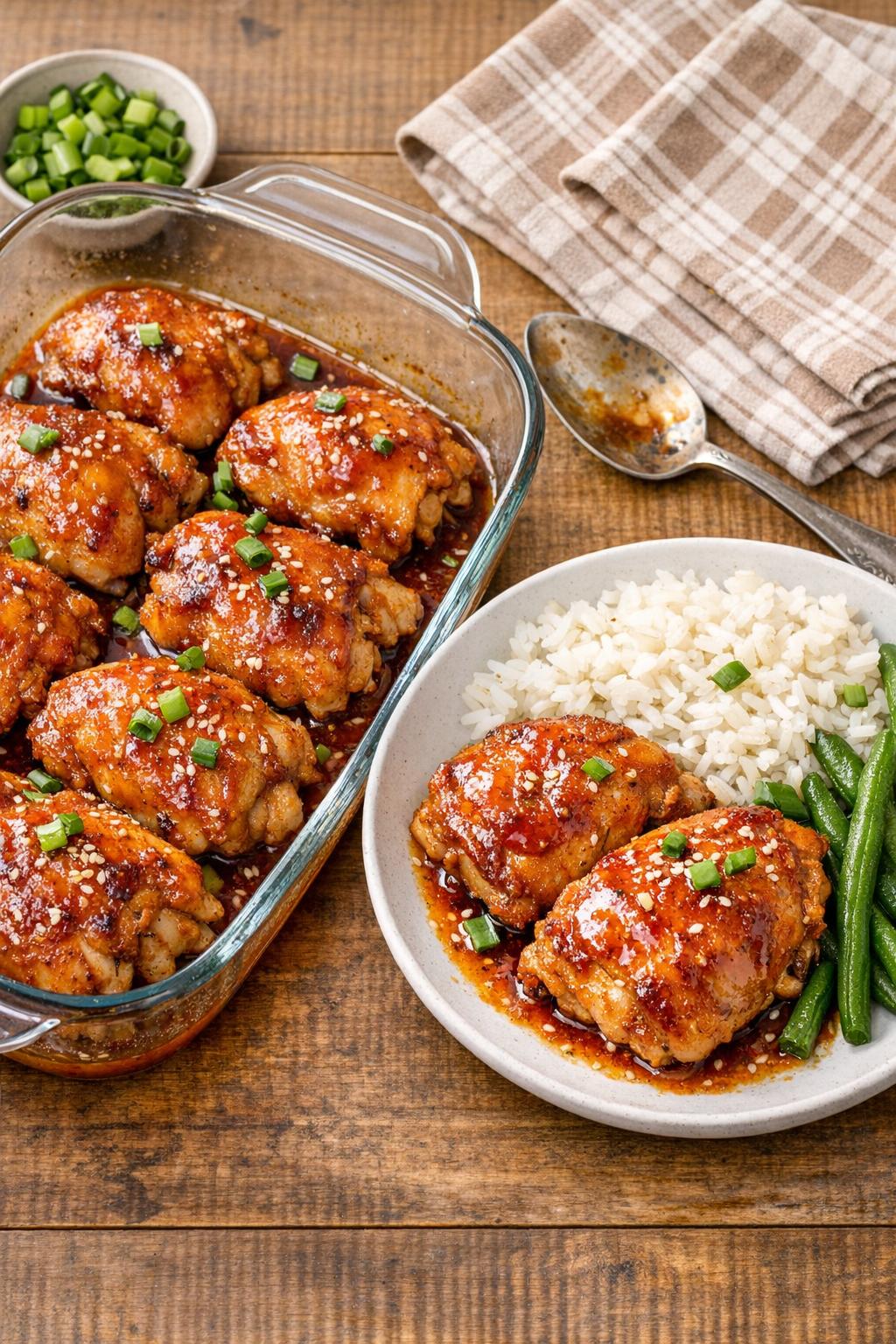 Baked chicken thighs in glossy sauce in a glass casserole dish