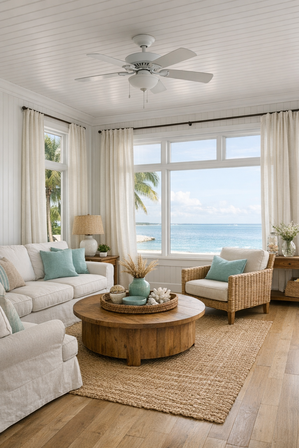 Bright coastal living room with white beadboard walls, pale oak floors, slipcovered seating, and soft turquoise accents