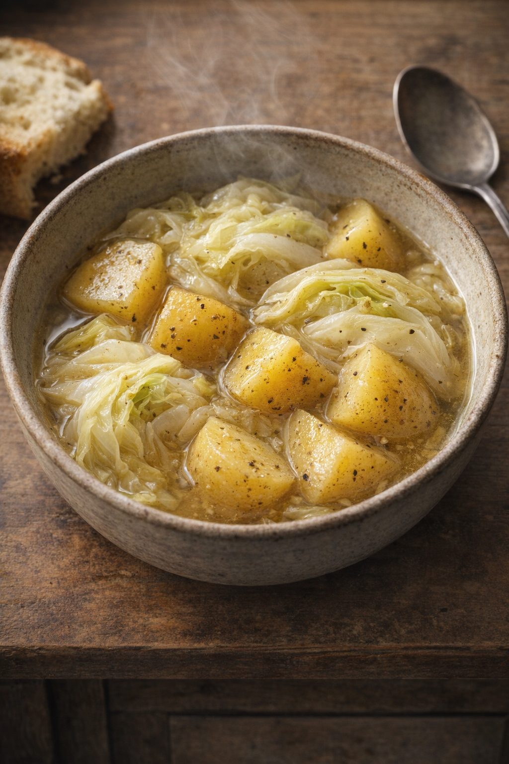 Aardappel en kool uit de slowcooker, geserveerd in een rustieke kom.