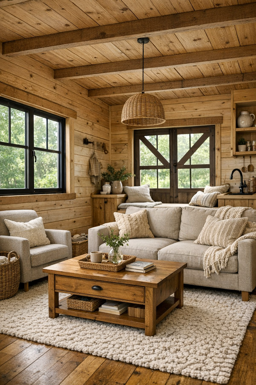 Cozy tiny home living room with natural wood walls, linen seating, and soft layered textures