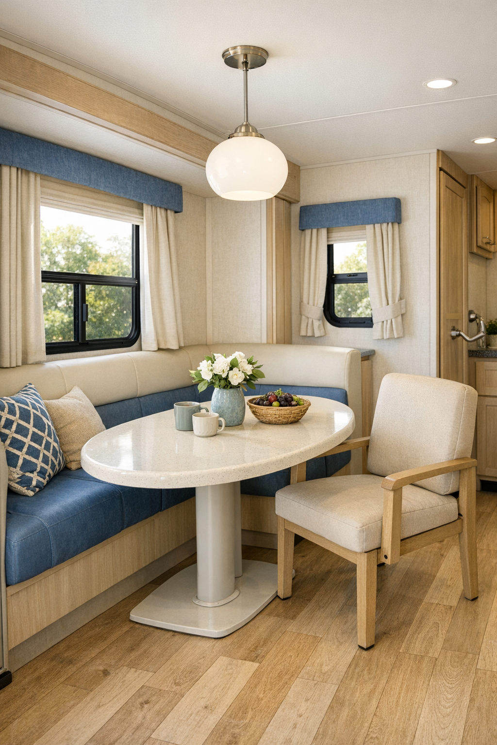 Compact RV dining area with built-in table and bench seating