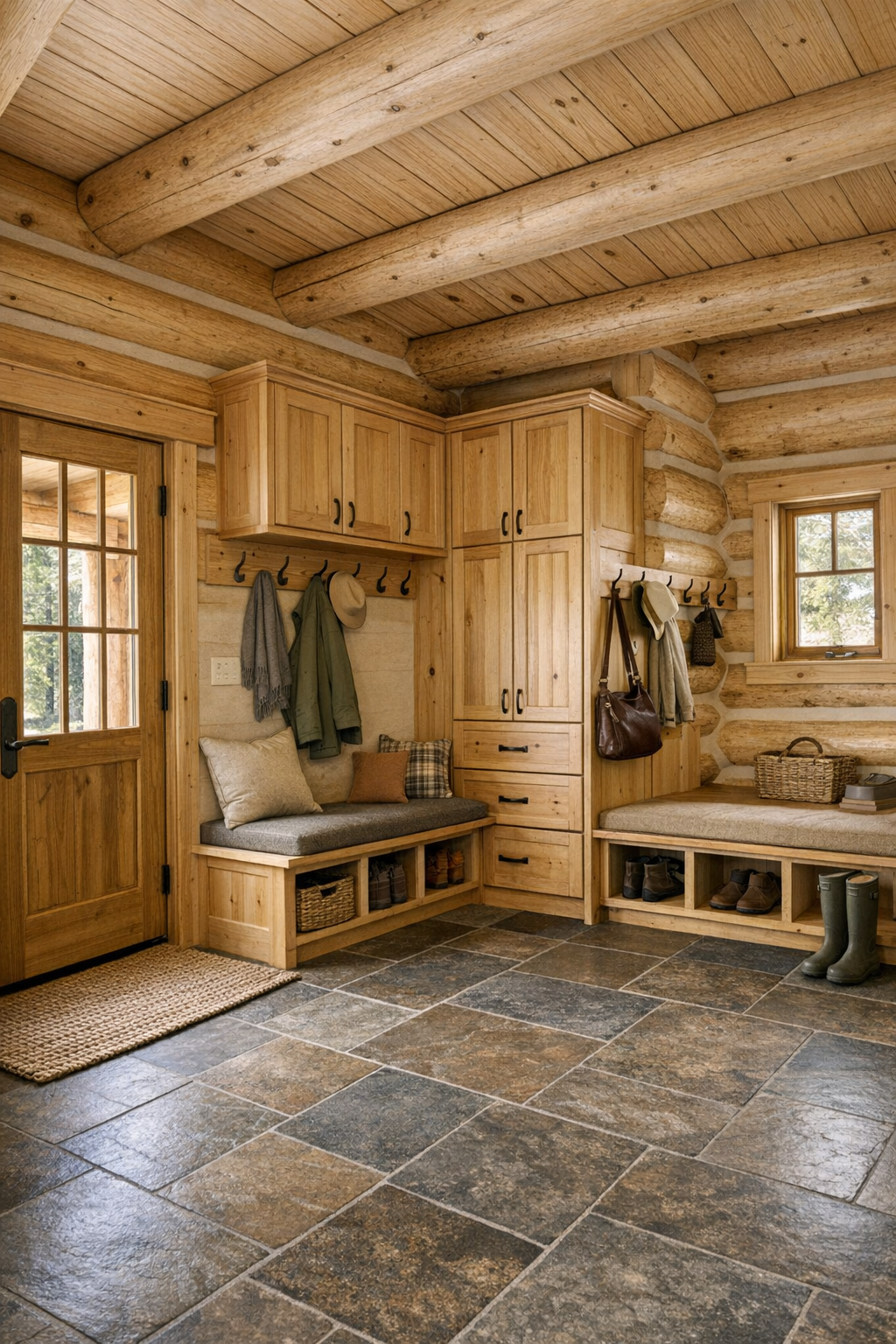 Entry and mudroom area with built-in bench, wood cabinetry, and handcrafted trim