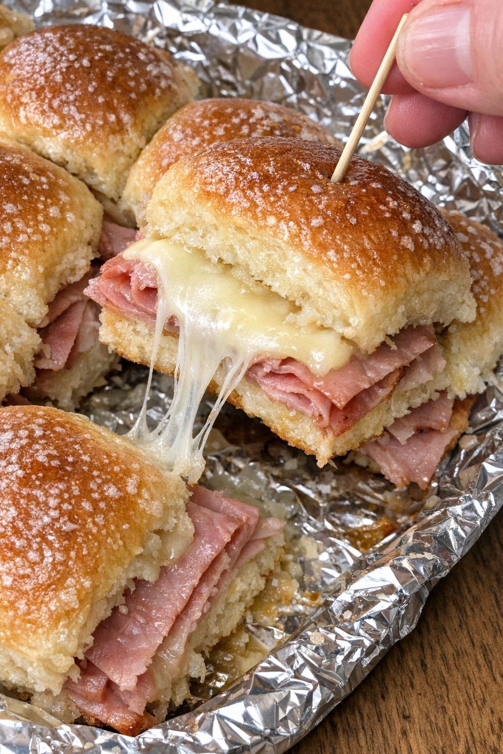 Baked ham and swiss sliders with melted cheese