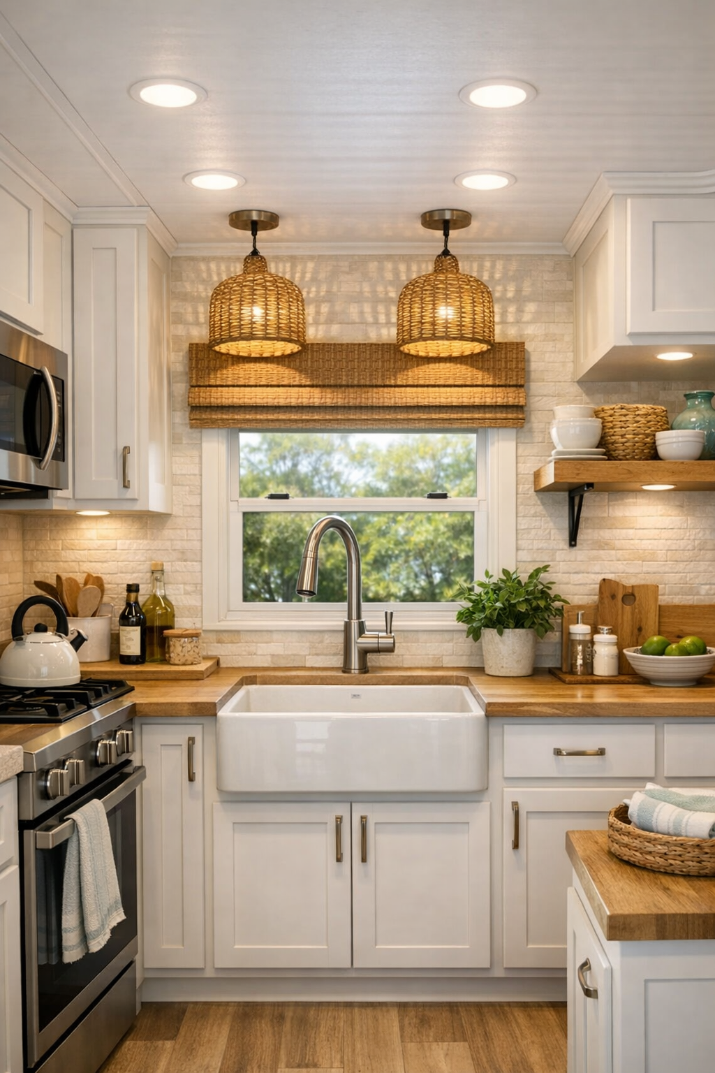 Small coastal kitchen with white cabinetry and warm wood counters