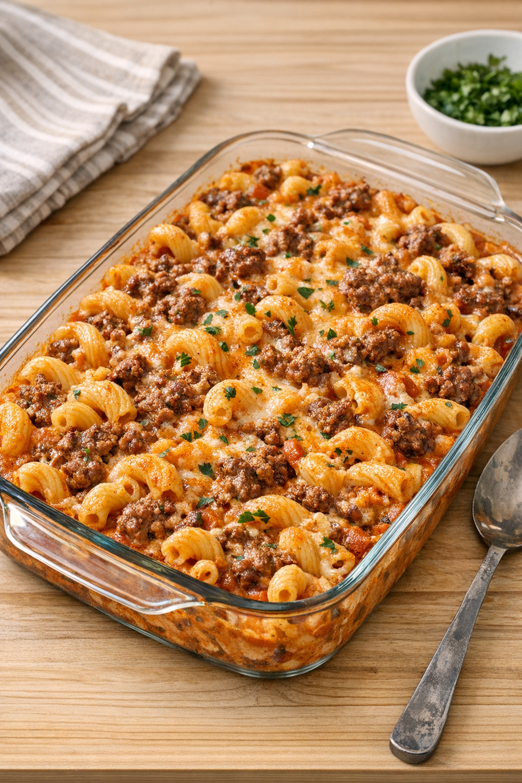 Finished baked ground beef cavatappi casserole in a glass baking dish