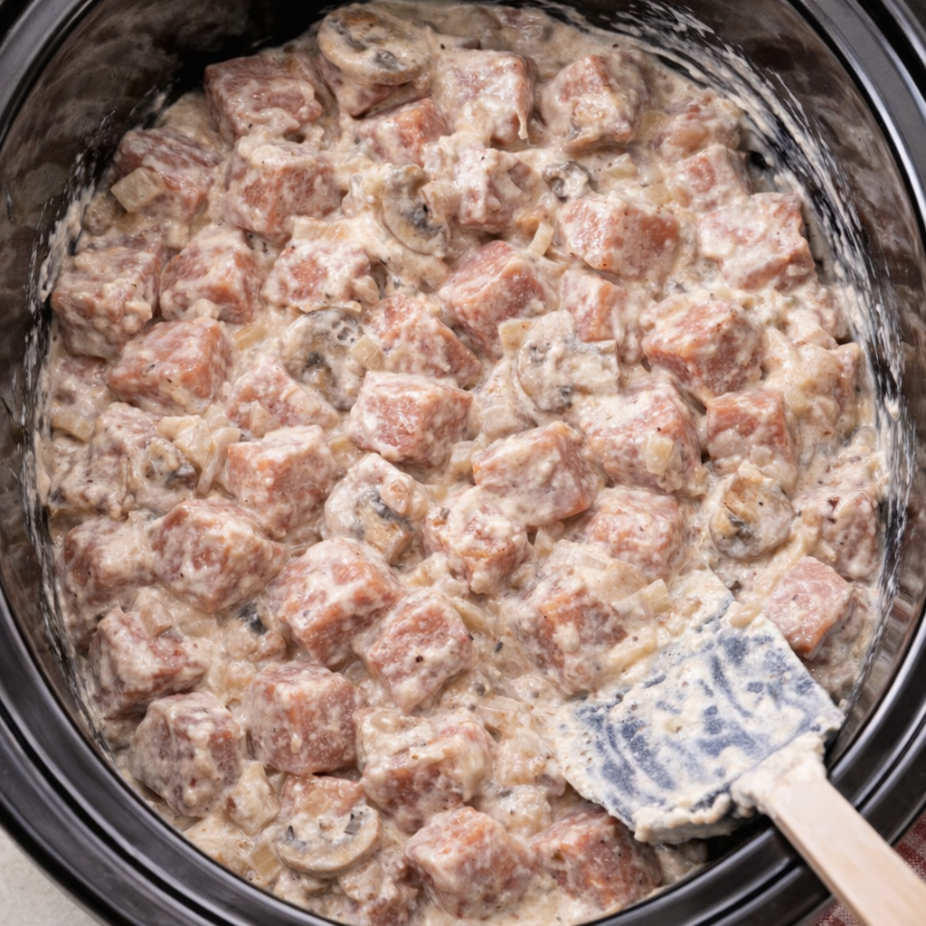 Slow cooker filled with pork and creamy gravy before cooking
