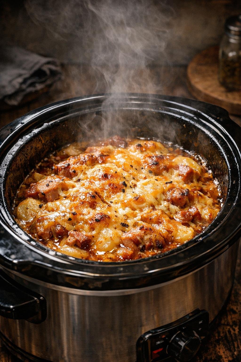 Finished slow cooker potato supper with creamy golden top