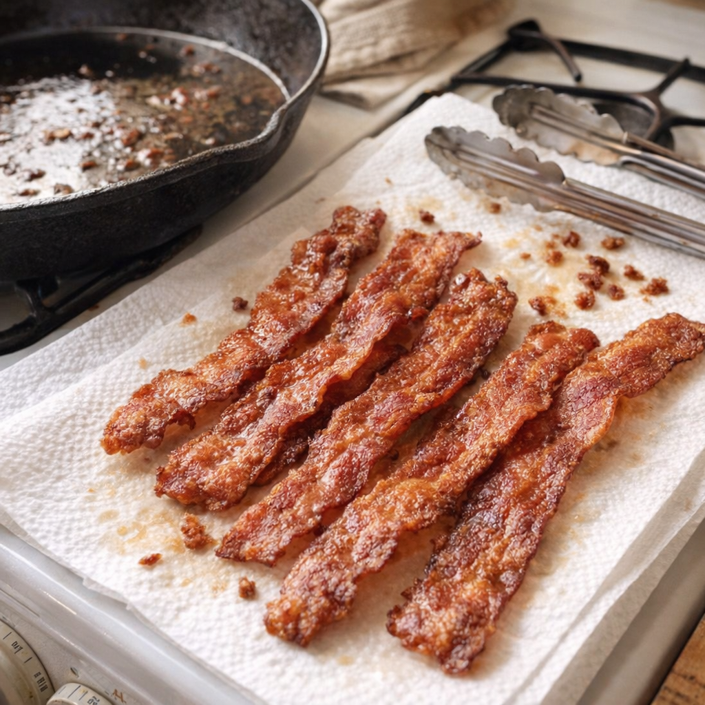 Crisp bacon cooling on paper towels beside a skillet