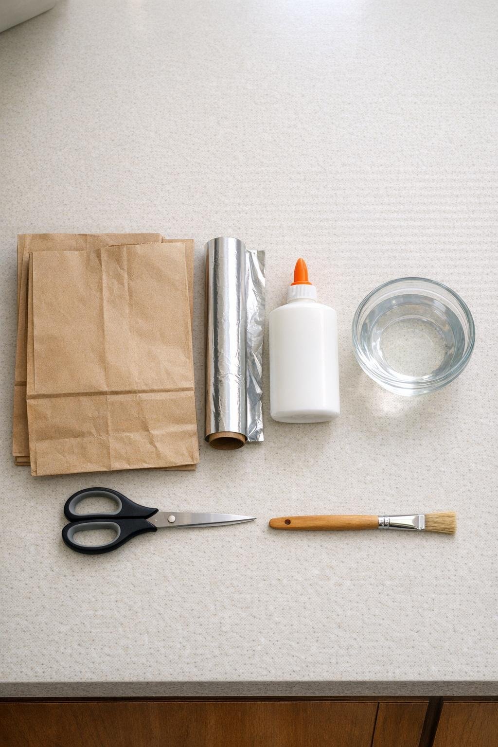 Brown paper grocery bags, aluminum foil, white glue, water, scissors, and a paintbrush laid out for the project