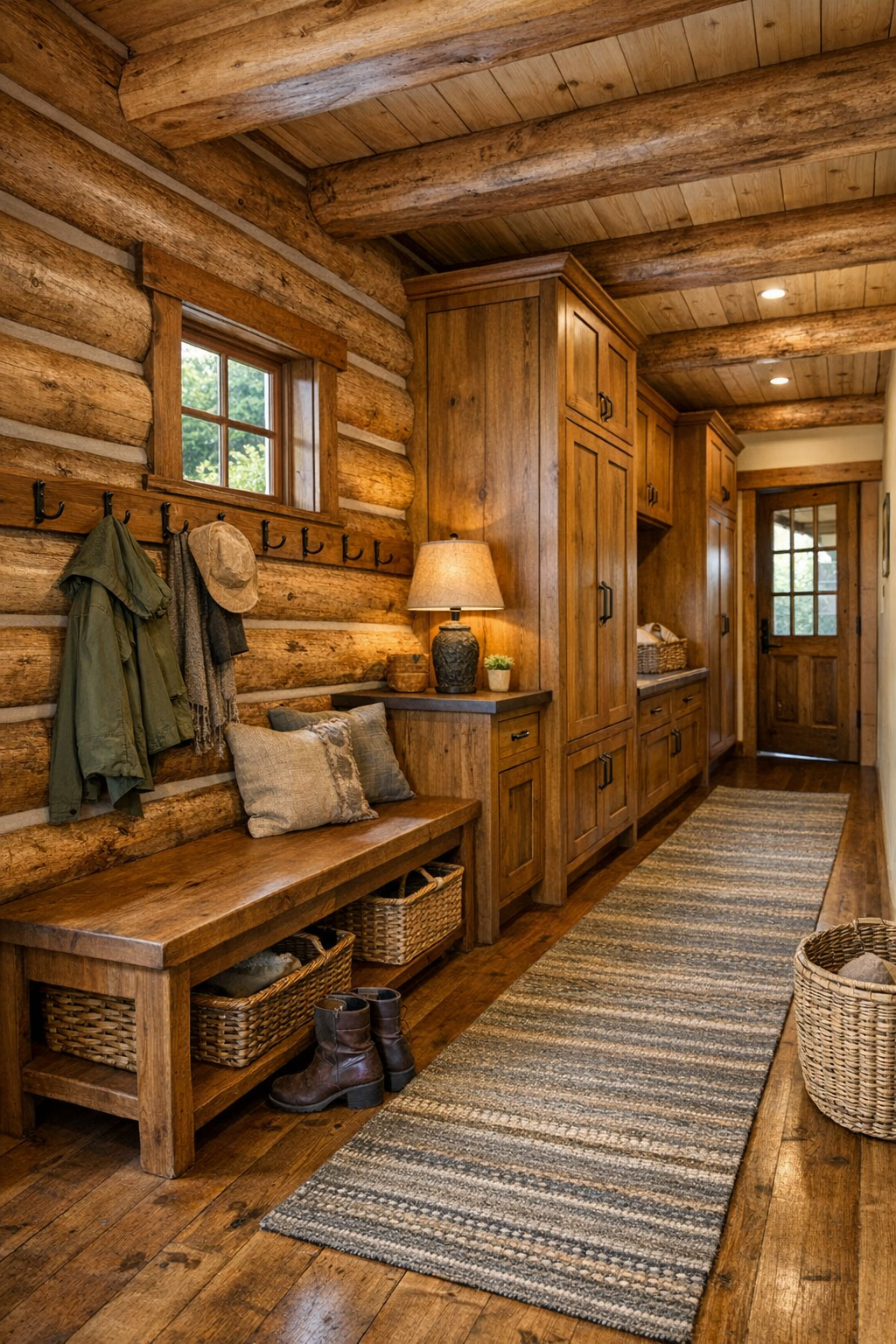 Entry and hallway area with built-in bench, wood millwork, and practical storage