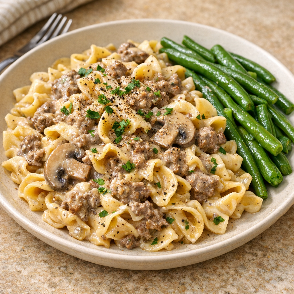 Plated poor man’s stroganoff with a side of green beans