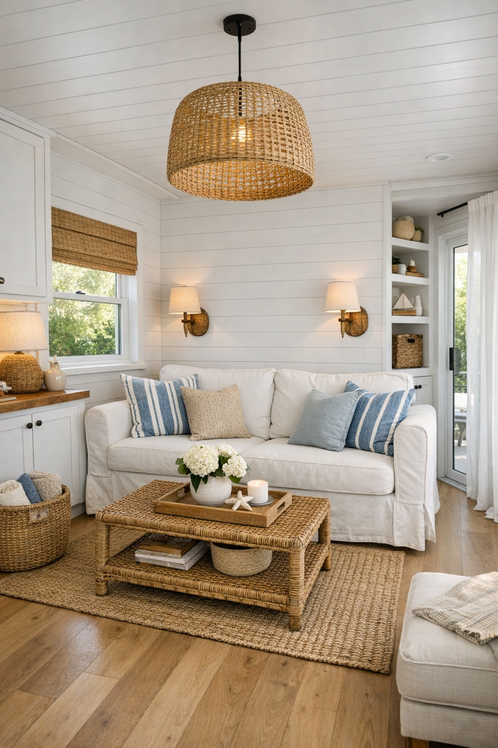 Bright coastal living room with slipcovered sofa and pale oak floors