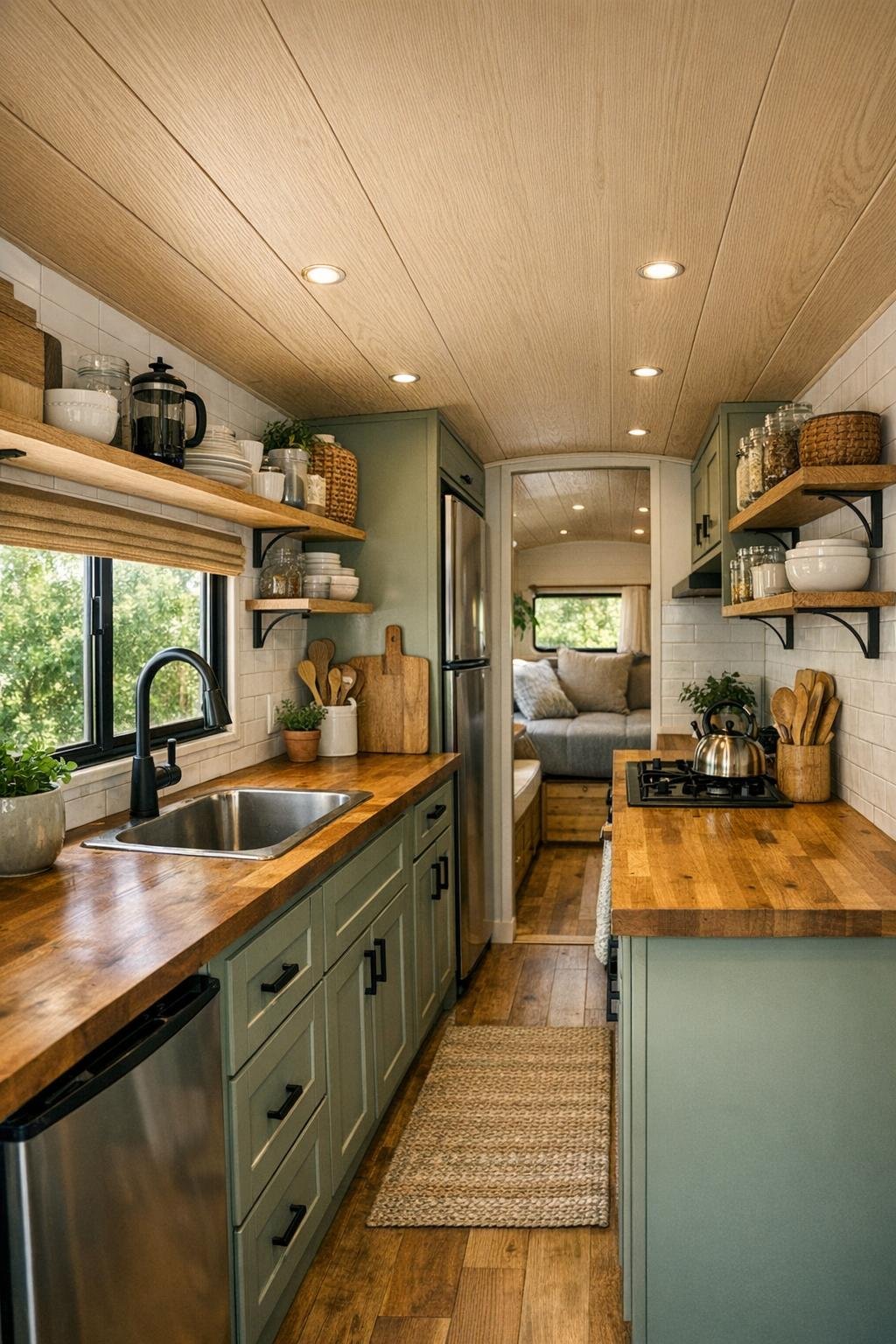 Efficient converted bus kitchen with sage cabinetry, butcher-block counters, and white tile