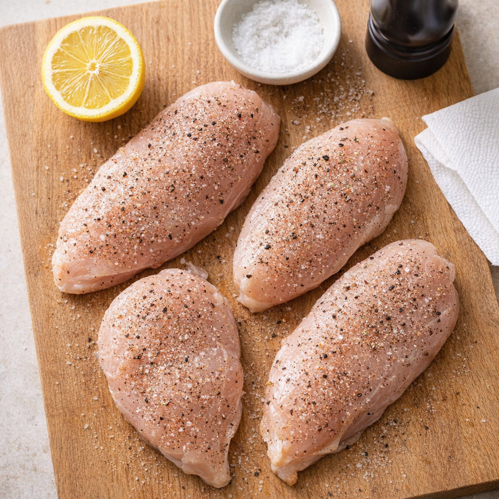 Seasoned chicken pieces on a cutting board before cooking