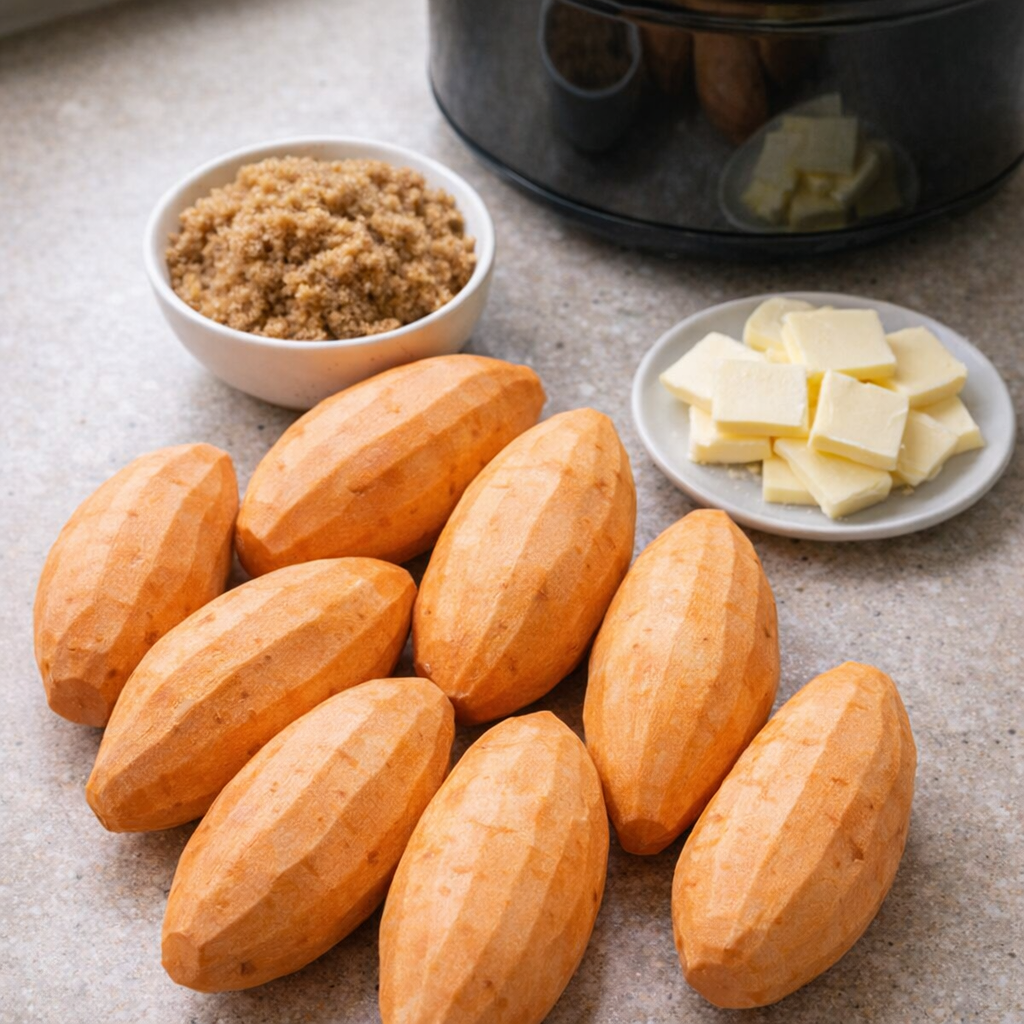 Sweet potatoes, brown sugar, and butter laid out on a kitchen counter