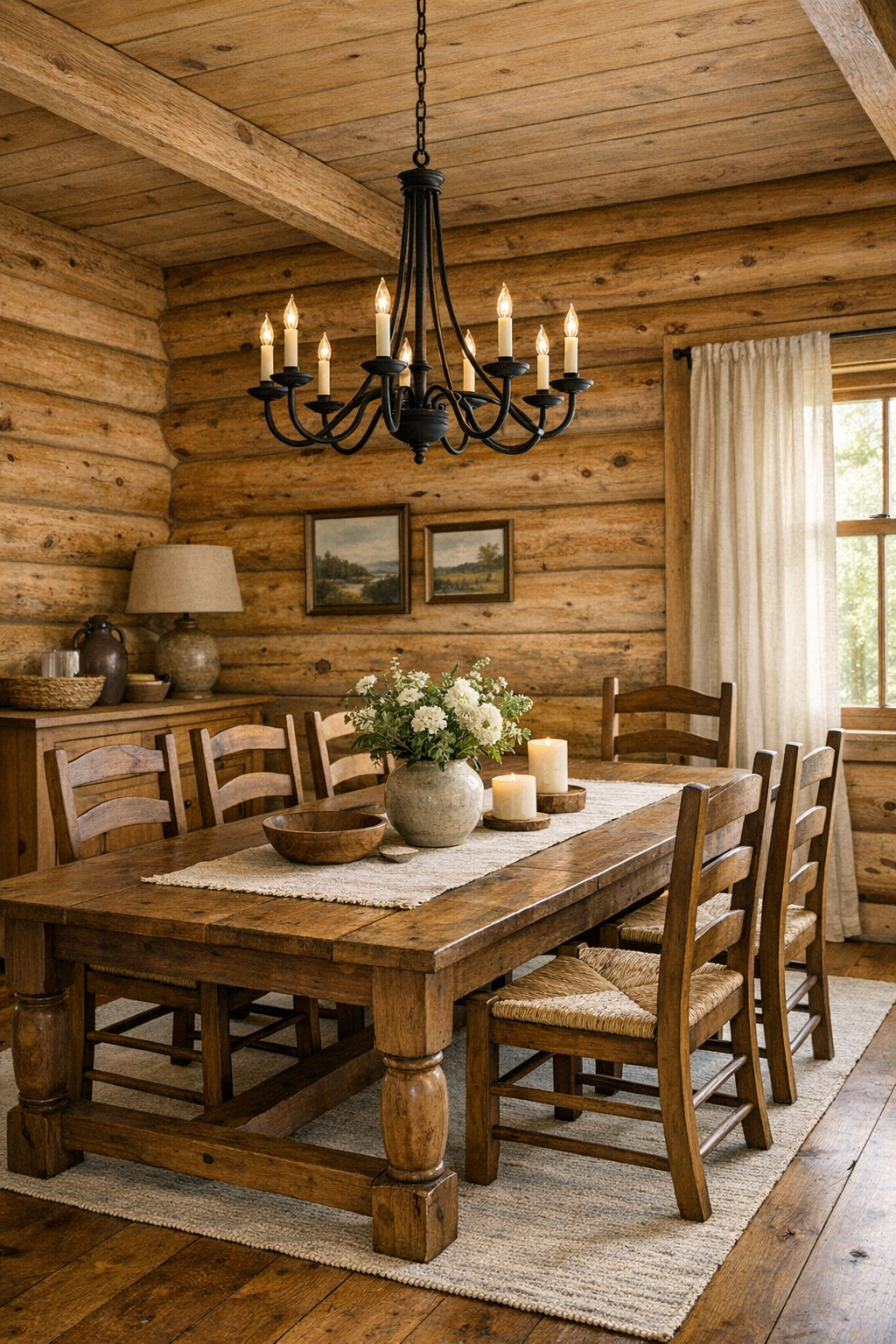 Craftsman dining room with solid wood table and iron chandelier