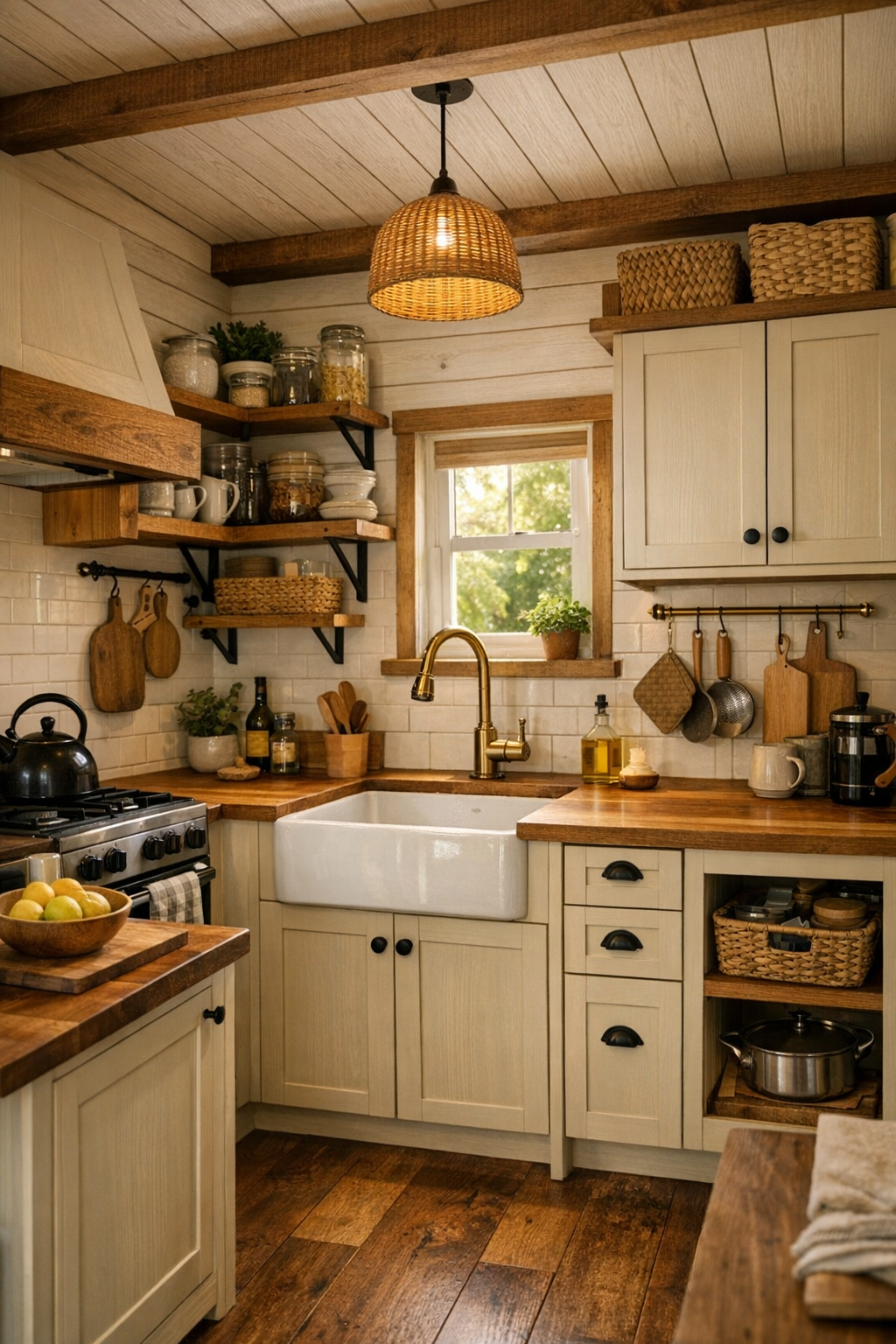 Tiny home kitchen with creamy cabinetry, butcher block counters, and farmhouse sink