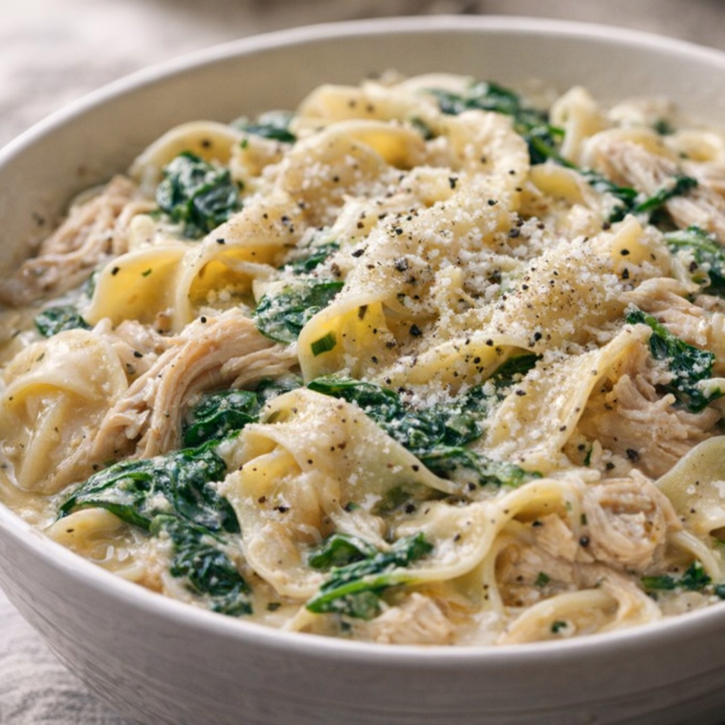 Close-up of finished chicken noodles with black pepper and Parmesan