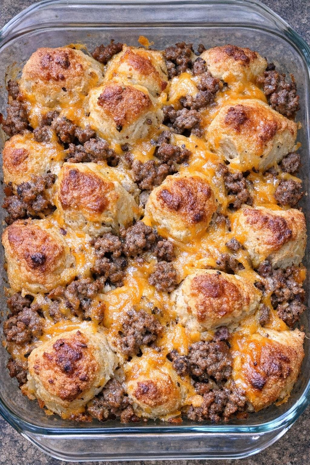 Finished beef pull apart bread with cheddar in a casserole dish