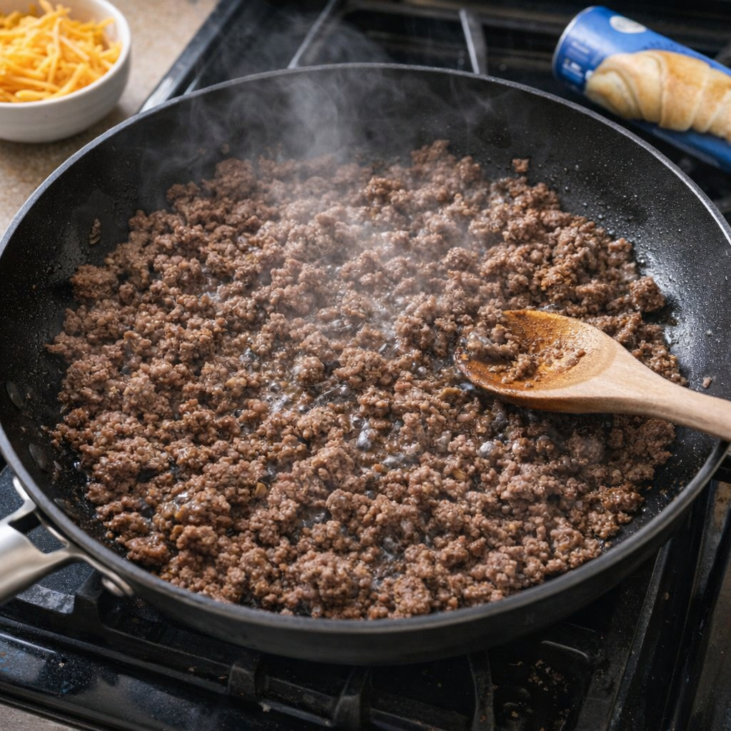 Ground beef browning in a skillet on the stovetop
