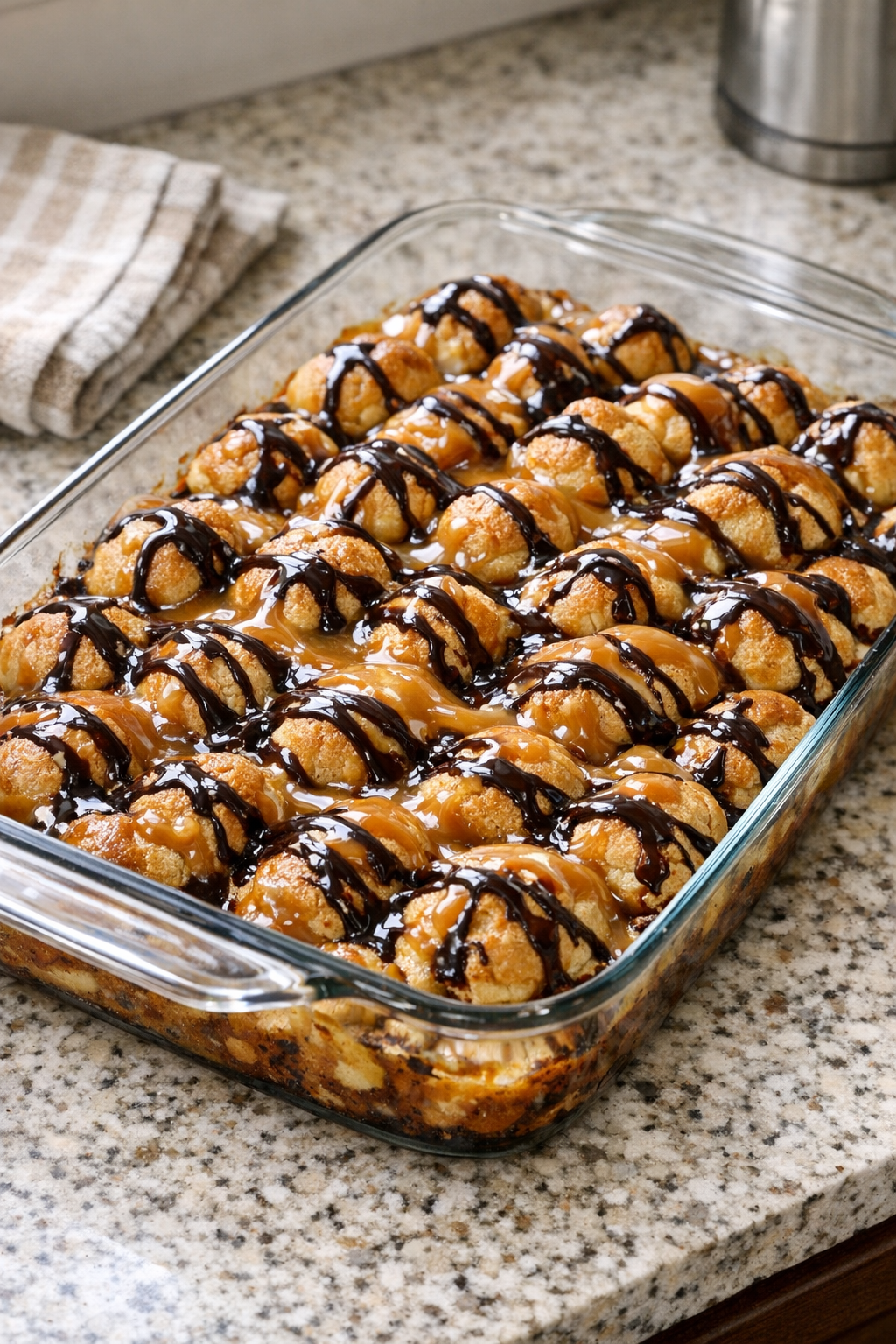 Baked mini cream puff dessert in glass baking dish
