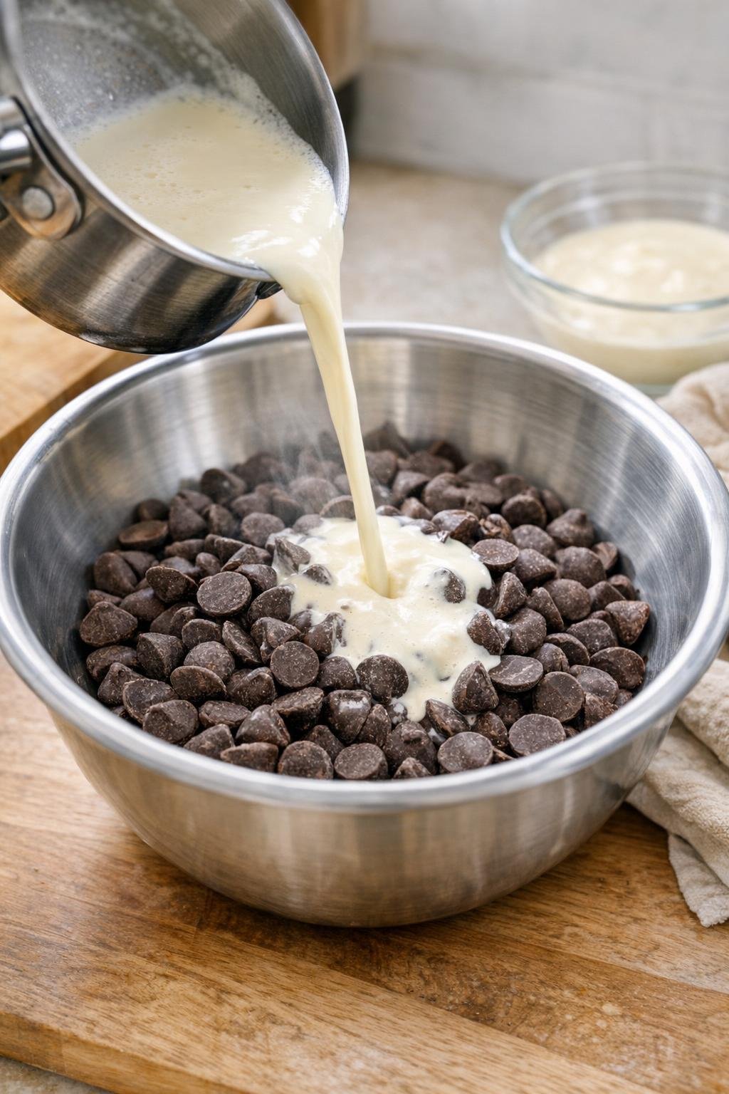Hot cream being poured over chocolate