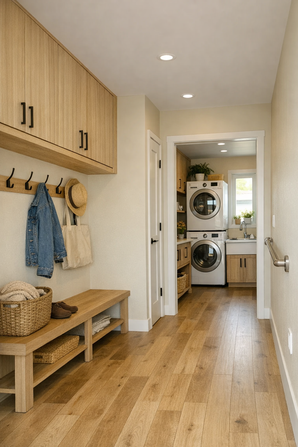 Functional entry and hallway with built-in storage, bench seating, and warm finishes
