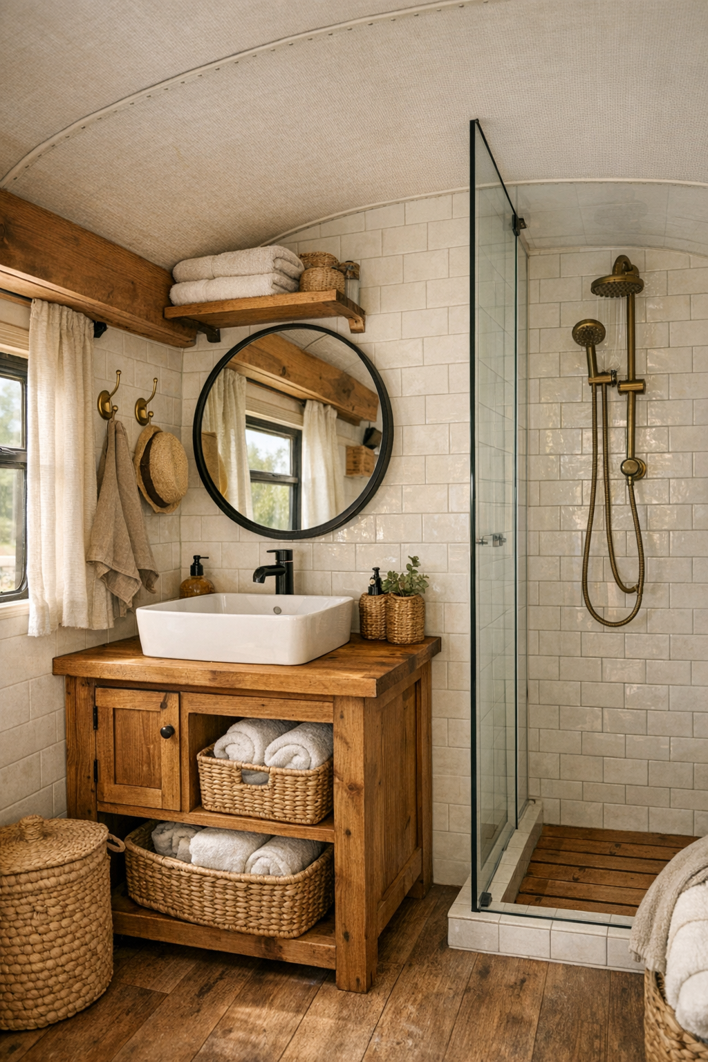 Warm rustic bathroom in the converted bus with pale tile and a compact wood vanity