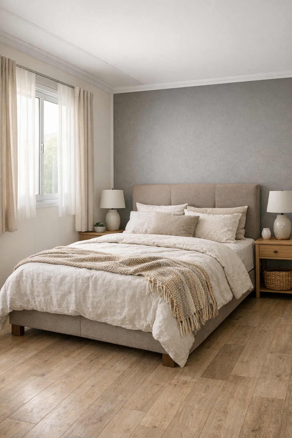 Calm neutral bedroom with linen bedding, upholstered headboard, and soft filtered light