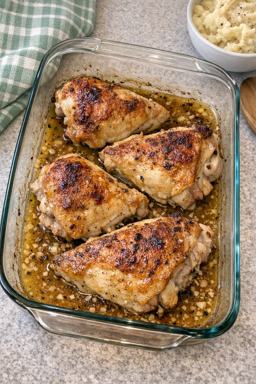 Baked split chicken breasts in a glass casserole dish