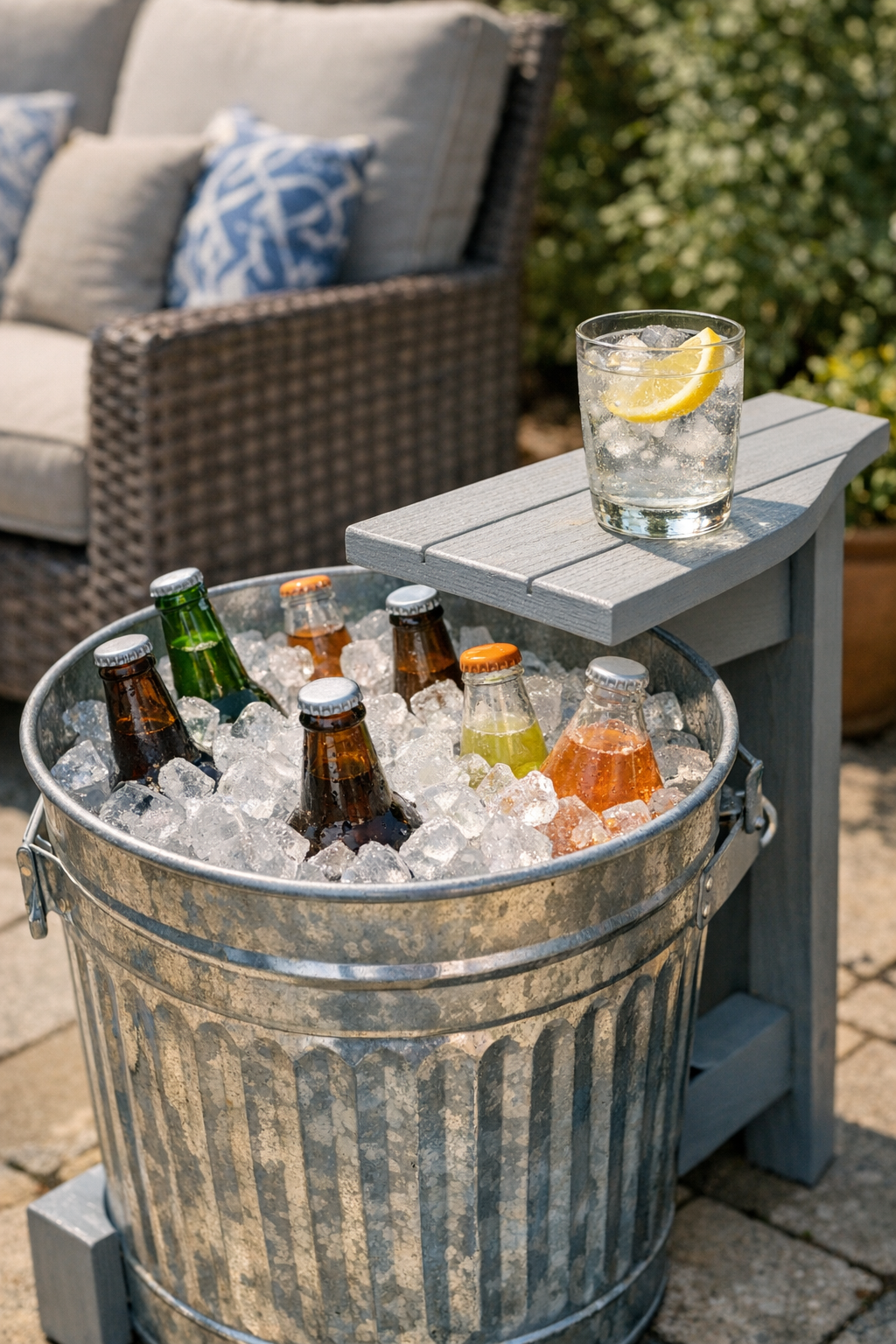 Finished backyard drink cooler stand beside a patio chair