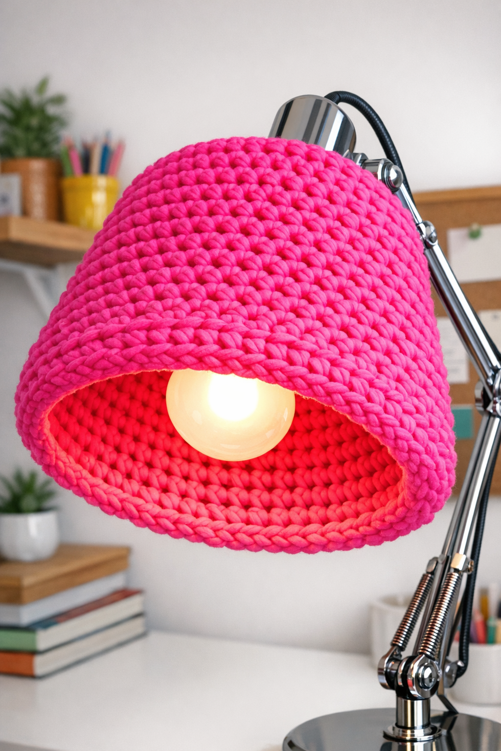 Finished neon pink crocheted desk lamp shade made from a salad spinner bowl