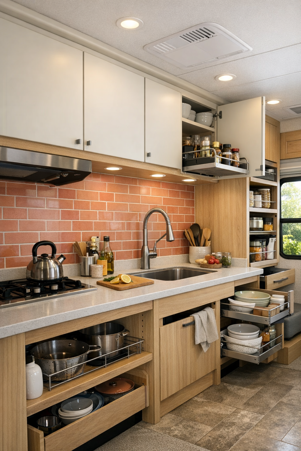 Accessible RV kitchen with pale counters and soft coral backsplash