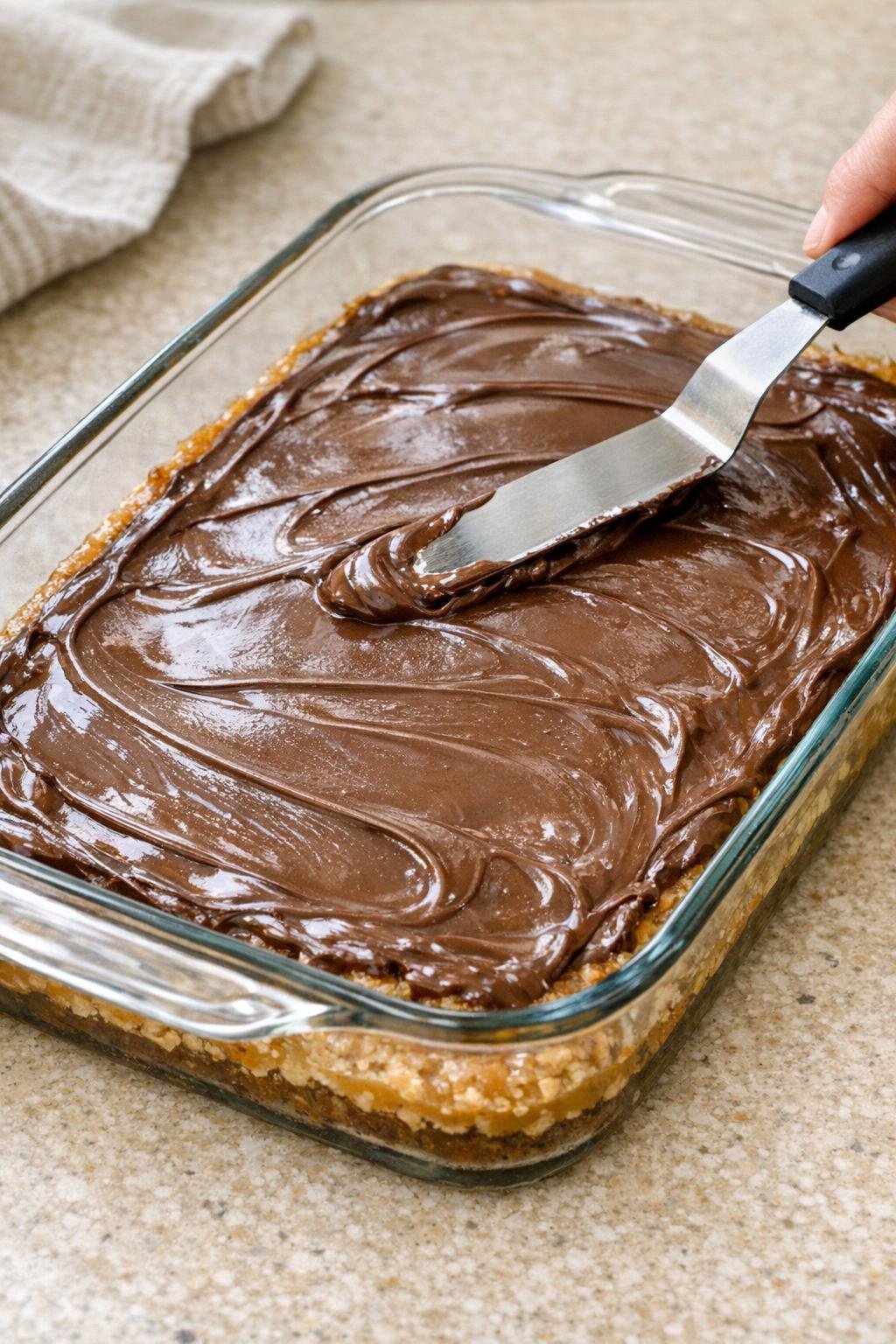 Melted chocolate spread over baked bars